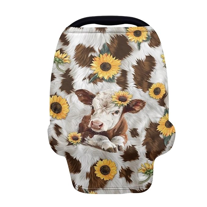 GIFTPUZZ Sunflower Cow Car Seat Covers for Babies Blocks Sunlight Carseat Canopy Ultra Soft Breathable Fabric Babies Car Seat Protection Adjustable Stretchy Breastfeeding Scarf Infant Carseat