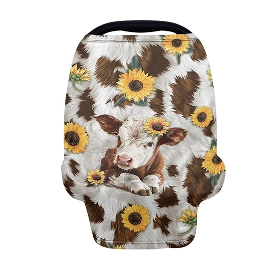 GIFTPUZZ Sunflower Cow Car Seat Covers for Babies Blocks Sunlight Carseat Canopy Ultra Soft Breathable Fabric Babies Car Seat Protection Adjustable Stretchy Breastfeeding Scarf Infant Carseat