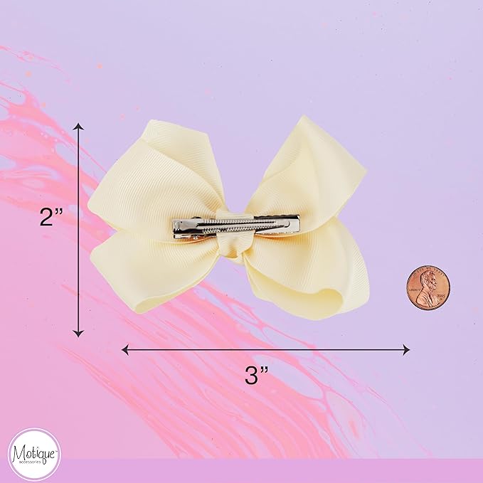 3 Inch Grosgrain Bow for Little Girls- Set of 2 (Ivory)
