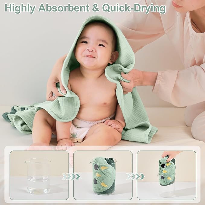 FIOBEE Hooded Baby Towels 100% Muslin Baby Bath Towels for Newborn with Animal Design Ultra-Soft and Absorbent Bath Essentials for Toddler, Unisex Girls Boys 30 x 30 inch, Green Dinosaur
