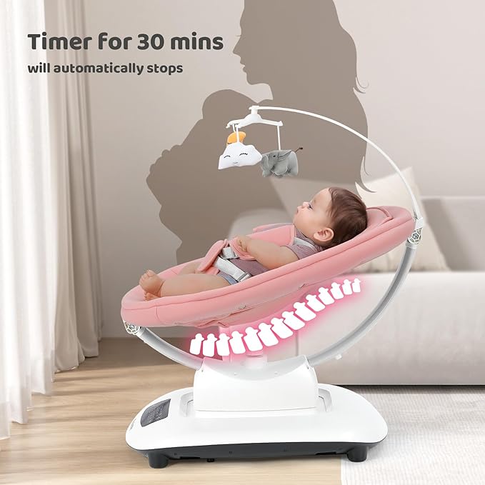 Ezebaby Electric Baby Swing for Infants with 5 Unique Motions, 5 Speeds, Lullabies, Bluetooth Enabled, Smart Baby Swings for Newborn with 5-Point Harness & Remote Control for 0-9 Months, Pink