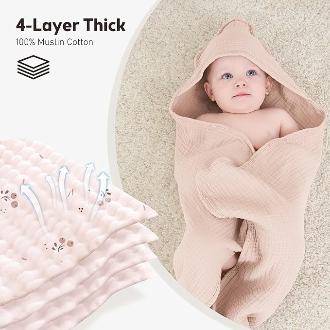 Susurration 2 Pack Thick Muslin Baby Towels, 100% Cotton Soft and Absorbent Baby Bath Hooded Towel for Newborn, Infant, Girls, Boys, Baby Essentials