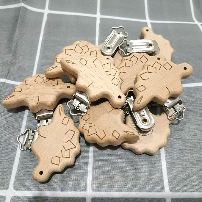 5pcs Natural Beech Wood Animal Pacifier Clips Grasping Toy Suspender Chain Clips Charm Antique DIY Beading Accessory (Stegosaurus)