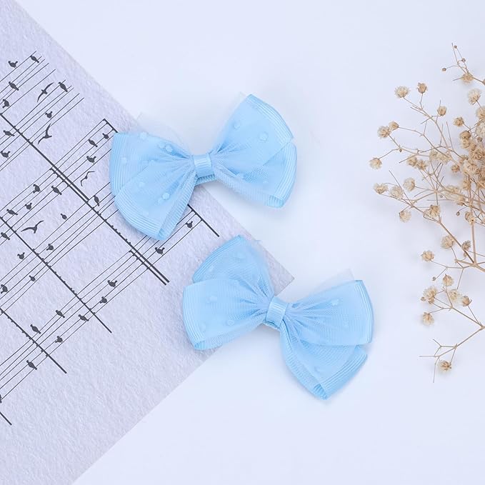Tiny 3 Inch Dot Organza Double Hair Bow Clips - Cute Lined Boutique Alligator Hairpin for Girls, Toddlers, and Little Teens - Kids Barrettes Set of 2 Small Stylish (Light Blue)