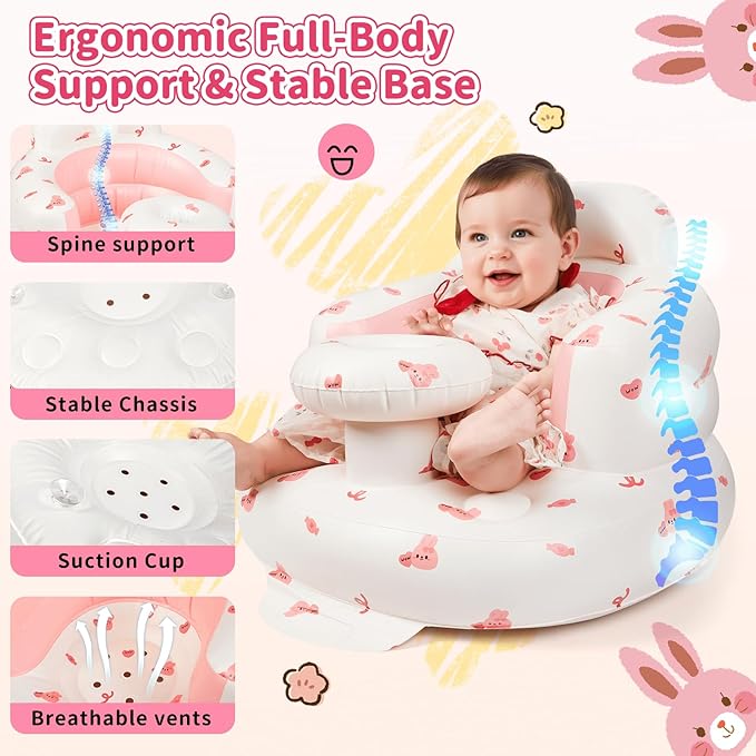 Inflatable Baby Seat for Infans for Sitting Up,Baby Chair Sit Me Up with Tray and Back Support,Learning to Sit for 4-36 Months,Includes Built-in Air Pump(Pink Bunny)