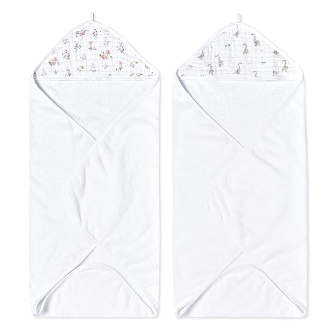aden + anais Essentials Hooded Baby Bath Towel, Super Soft 100% Cotton, 2 Pack, Country Floral