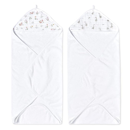 aden + anais Essentials Hooded Baby Bath Towel, Super Soft 100% Cotton, 2 Pack, Country Floral