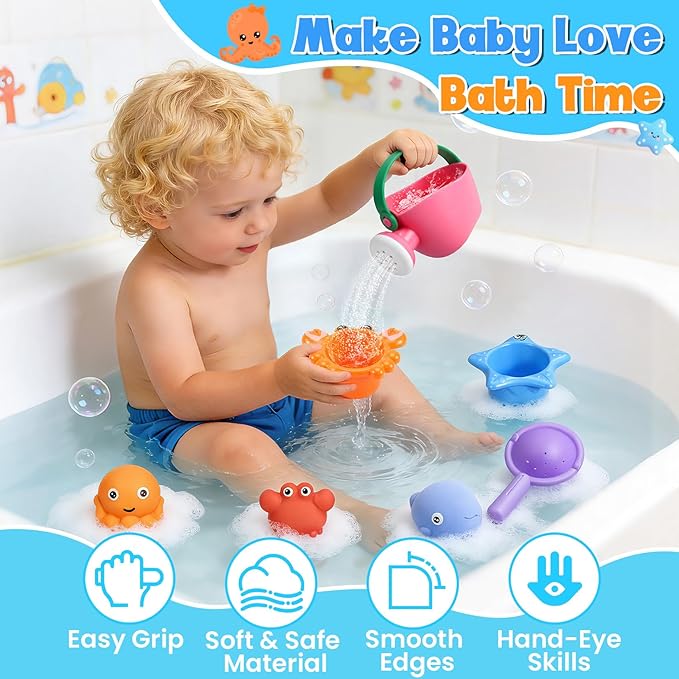 9 PCS Baby Bath Toys for Kids Ages 1-3, Mold Free Toddler Bath Toys for 2-4 with 3 No Hole Ocean Sea Animals and Storage Bag, Bathtub Beach Sand Water Table Toys for 1 2 3 Years Old Girls Boys Gifts