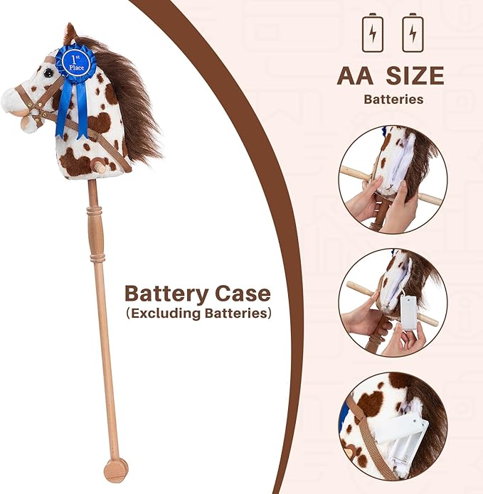 HollyHOME Stick Horse Plush with Detachable Blue Ribbon Champion Hobby Horse on Stick with Wood Wheels Real Pony Neighing for Kids Toddlers Appaloosa 36 Inches(AA Batteries Required)