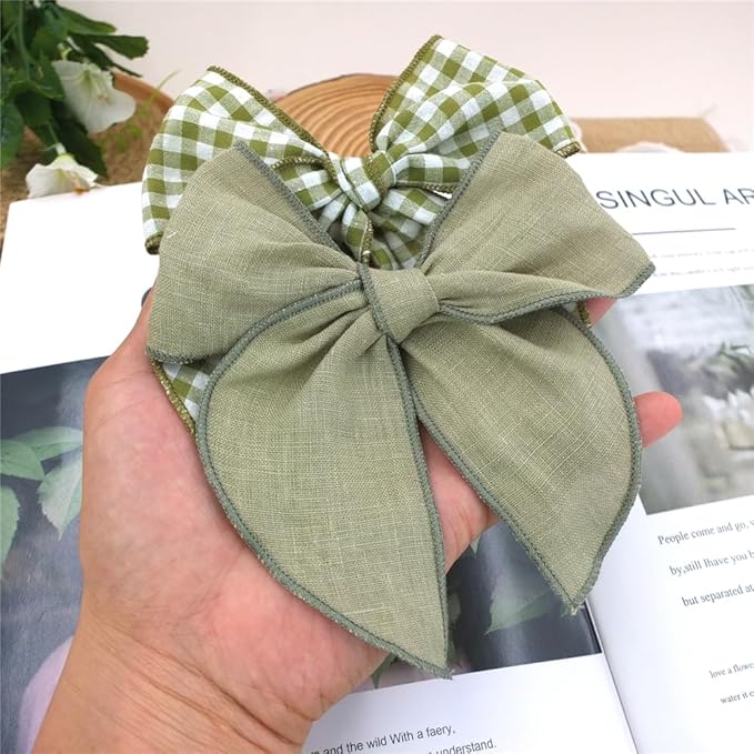Pack of 4 Gorgeous Fable Bow Hair Clips for Girls Women Linen Hair Bow Alligator Clips Toddler Baby Mom Young Girl Hair Accessories (Olive)