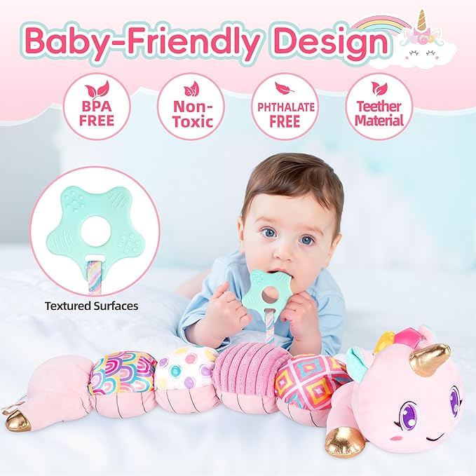 Unicorn Baby Toys 6-12 Months Infant Musical Stuffed Toys for Newborn Tummy Time Sensory toys for babies with Crinkle and Rattle 0-3-6-12 Months Old Baby Girl Must Have Christmas Birthday Gifts - Pink