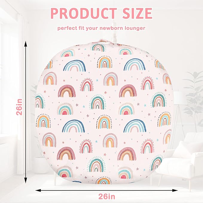 Newborn Lounger Cover for Girls Boys, Removable Soft Baby Lounger Cover, Reversible Infant Lounger Cover Minky, Pink Cute Rainbow (Only Cover)