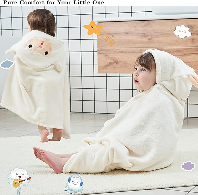 Toddler Baby Bath Towel with Hood 27.5"X55" Ultra Absorbent Soft Cozy Comfort Bathrobe Blanket, 0-6 Years Infant Shower Towel for Girls(White-Goat)