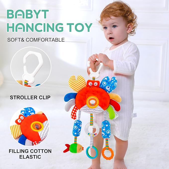 Crab Wind Chime Baby Car Seat Toy - Plush Stroller & Crib Hanging Toy with Teether, Squeaker, Portable Clip, Colorful Clear Rings for Sensory & Cognitive Development Hanging Toys