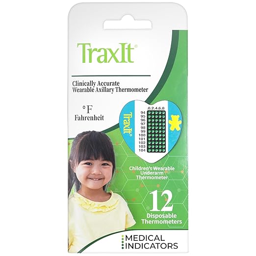 Underarm Thermometer Sticker for Kids, Babies 6+ Months (12-Pack, Fahrenheit) — Wearable for Up to 48 Hrs with Continuous Temperature Readings, Battery Free, Single Use, Disposable Thermometer