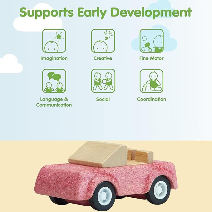 PlanToys® Pink Sports Car Wooden Montessori Vehicle Toy | Early Movement, Imagination and Practical Life Exploration | Eco Friendly Car for Indoor and Outdoor Play