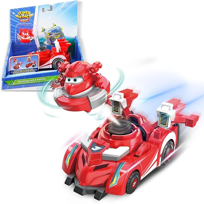 Super Wings Jett Spinning Battling Tops & Cars Toys, Red Car Toys for Toddlers 1-3, Little People Race Toy Cars for 5 Year Old Boys, Best Gifts for Kids Boys Girls