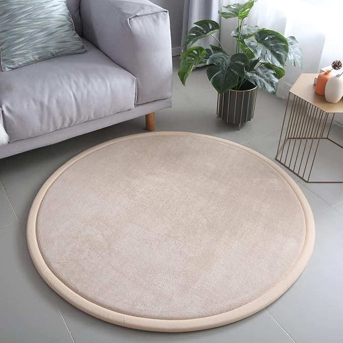 Loartee Thick Kids Round Rug - Coral Velvet Area Rugs, Memory Foam Circular Carpet for Nursery Playroom Home Decor Dormitory, Diameter 55 inch, Brown