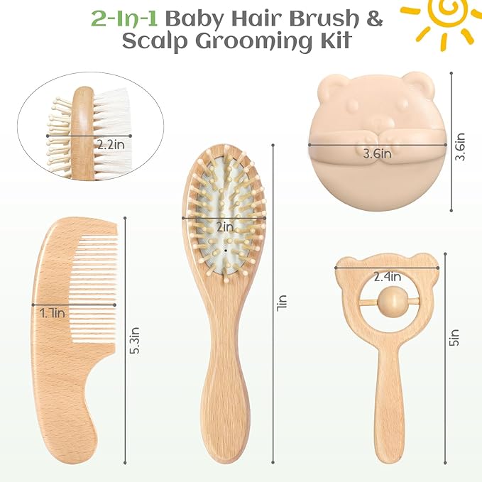 Baby Hair Bush and Comb Set, 5 Pack Wooden Baby Brush with Soft Goat Bristle for Newborns and Toddlers, Perfect for Cradle Cap, Baby Registry Gift, Infant Essentials Care Kit