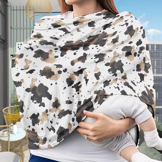 Coldinair Brown Cow Print Baby Car Seat Cover,Soft Breathable Nursing Cover,Multi-use Baby Stroller and Carseat Cover,Breastfeeding Covers