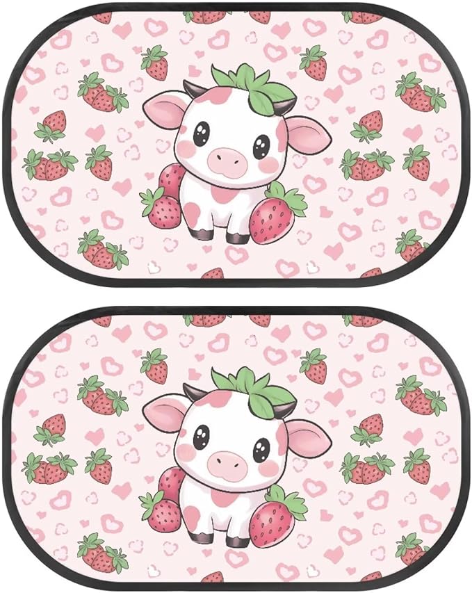 Bulopur 2 Pack Car Window Shades for Side Window UV Protection Cow Print Strawberry Sun Protection and Sun Shade Blocker Car Shades Back Windows Baby Auto Interior Accessories