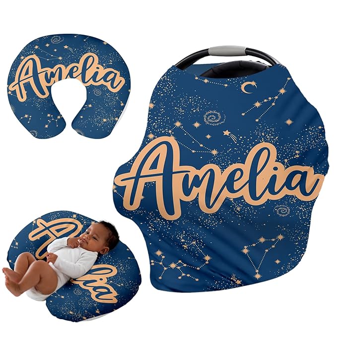 Personalised Car Seat Cover for Girls and Boys - 7 in 1 Multipurpose Breast Feeding Cover, Nursing Cover, Peacock Blue Star Grocery Cart Cover - Birthday Gift for Babies