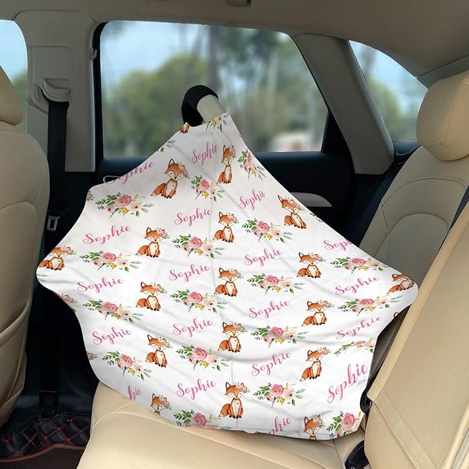Personalized Baby Car Seat Cover Stroller Canopy: Custom Name Newborn Baby Girl Elastic Fox Nursing Cover for Moms First Birthday Gift Pink Flowers(one Size)