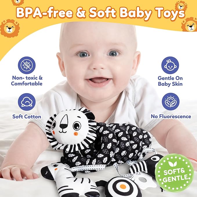GKDOMS Baby Carseat Toy Black & White Rattle Spiral Hanging Activity Stroller Toy for Newborns Boys and Girls - Lion