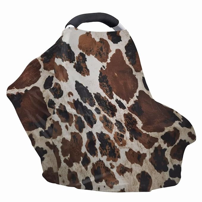 Wanyint Brown Black Cow Print Stretchy Baby Car Seat Covers Carseat Canopy Baby Breastfeeding Stroller High Chair Shopping Cart Cover, Multi Use Nursing Scarf Infant Stroller Cover