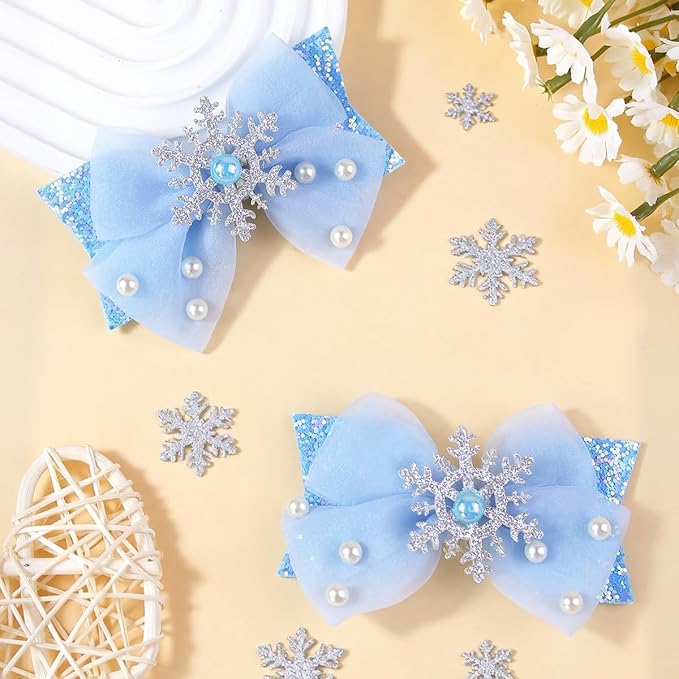 2PCS Baby Girl Dog Gift Wrap Hair Bow Clips Barrettes Blue Glitter Hair Bow Clips with Snowflake and Pearl Embellishments Assorted Hair Accessories Alligator Clip for Little Girls Toddler Kids Teens