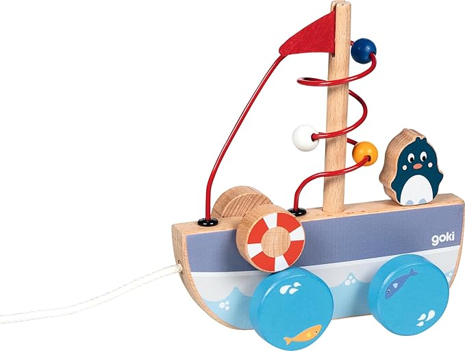 goki 54849 - AHOI Drawing Boat with Wooden Bow, Boat Drawing Toy, Educational Toy with Rope, Baby Toy Promotes Coordination and Motor Skills 17cm x 7cm