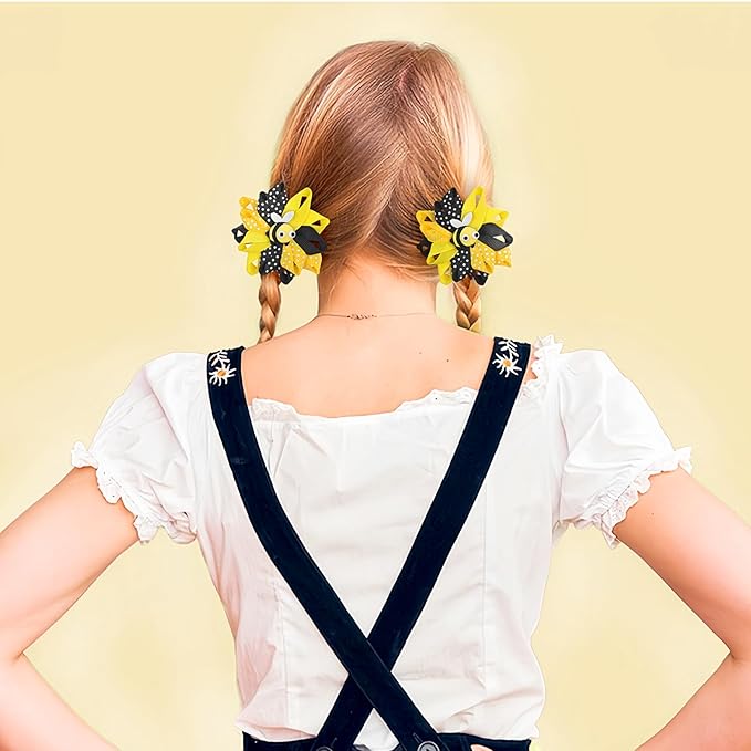 Bee Bow Hair Clips Cute Bee Hair Bows Hair Barrettes Honeybee Yellow Black Polka Dot Bows Hair Pins Spring Hair Accessories for Girls Toddlers Teens Animal Themed Birthday Party Supplies 2PCS