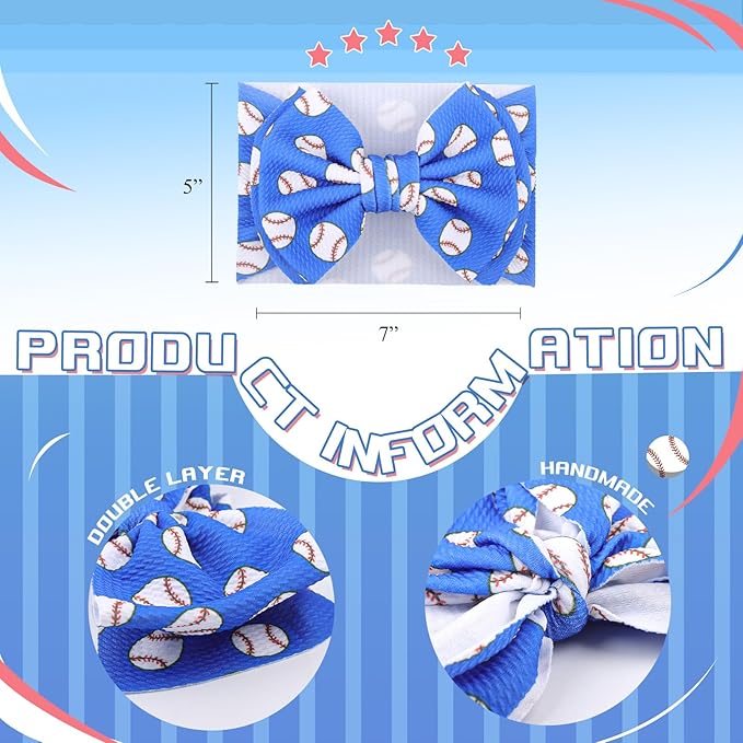 YanJie 7" Baby Girl Baseball Sports Printed Super Large Double Layers Bow Headband Blue Infant Toddler Messy Bow Headwrap Game Hair Accessories Hairband Baseball Game Day Sports Bows for Girls Outfit