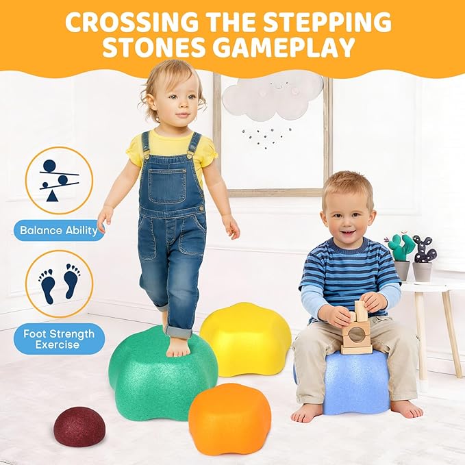 Sound Stepping Stones for Kids - 5 Pcs Non-Slip Indoor or Outdoor Balance Stones, Obstacle Course Coordination Game for Aged 3 4 5 6, Sensory Toys for Toddlers, Birthday Gifts