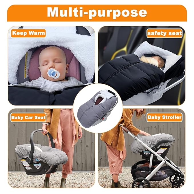 Winter Baby Car Seat Cover - Warm Infant Carseat Bunting Bag Blanket for Newborn Baby Boys Girls - Cold Weather Windproof Carrier Canopy for Travel -Universal Carseat Covers Canopies with Zips (Grey)