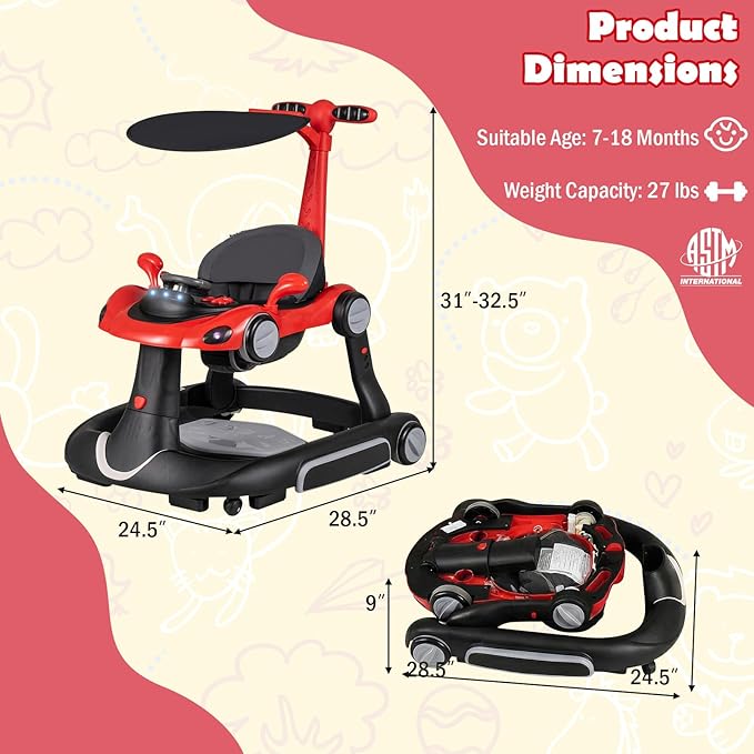 HONEY JOY Baby Walker, 7-in-1 Foldable Baby Bouncer and Rocker Combo, Infant Activity Center w/Canopy, Wheels, Adjustable Height/Speed, Music, Lights, Walker for Baby Boy Girl 7-18 Months (Red)