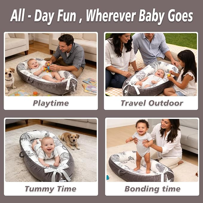 Baby Lounger-Breathable and Soft Organic 100% Cotton, Portable Infant Lounger with Removable Lounger Cover, Baby nest Lounger for Newborn - Grey Leaves