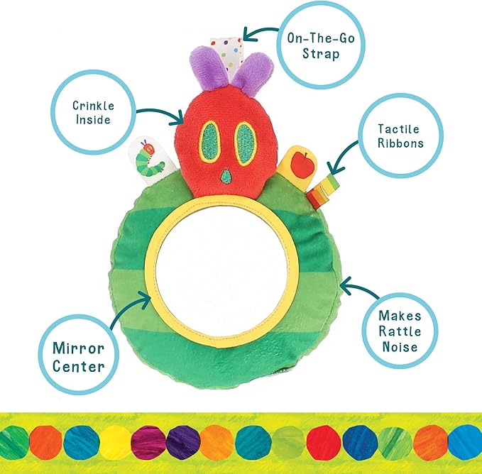 Eric Carle Very Hungry Caterpillar On-the-Go Mirror Rattle Toy – Sensory Toy with Safe Mirror, Crinkle, and Tactile Ribbons, Perfect for Stroller or Diaper Bag, Ages 0+