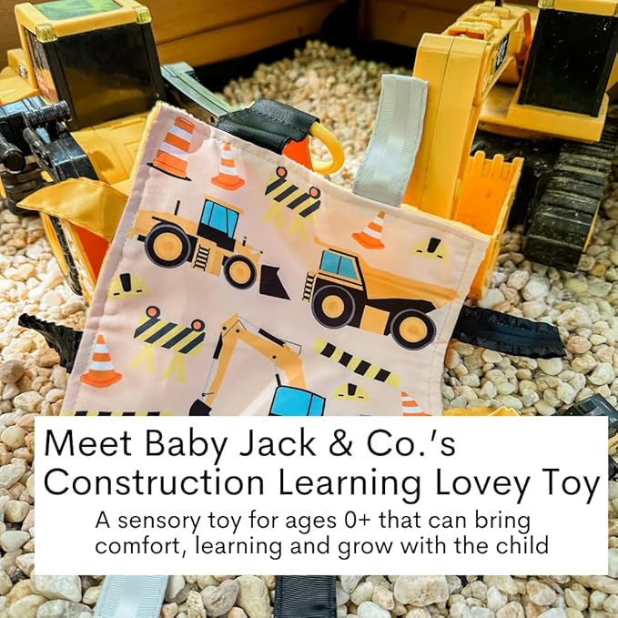 Baby Jack & Co 8x8” Construction Lovey Tag Toy for Babies - Baby Crinkle Toy - Soft & Safe - Learn Shapes & Colors - Ideal Baby Toy - BPA Free w/Stroller Clip