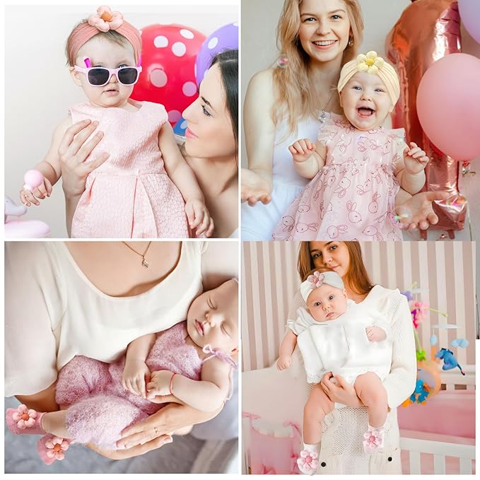 MIUXUESO Baby Girls Headbands and Socks Newborn Flower Hairbands Non-Slip Grips Socks Nylon Hair Accessories Infants and Toddlers (Pink, 6-12 Months)