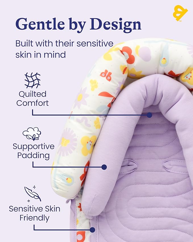 GoldBug Deluxe Duo Car Seat Head Support + Matching Strap Covers for Baby and Infant - Backyard Bugs