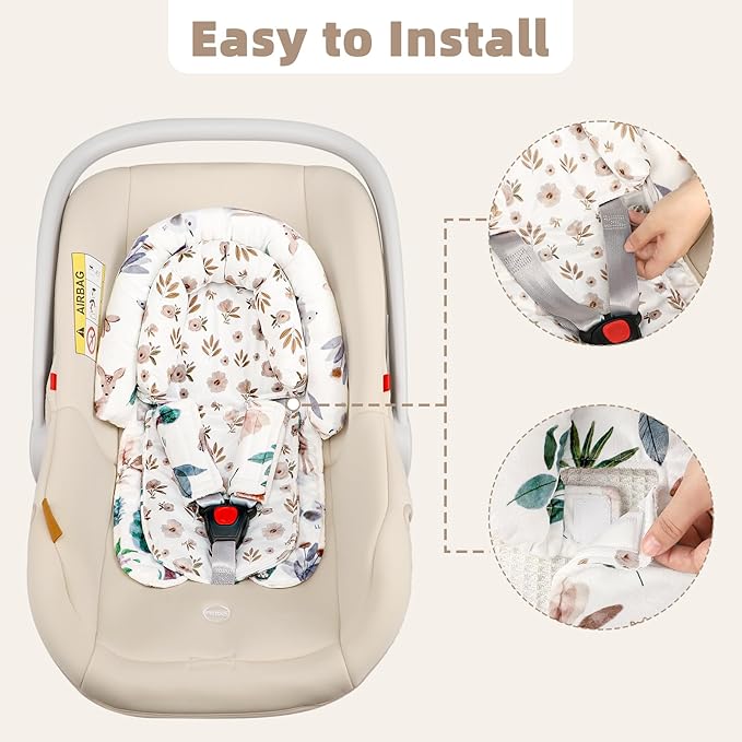 2-in-1 Infant Car Seat Insert, Upgraded Newborn Carseat Insert, Breathable & Soft Baby Car Seat Head Support with 2 Strap Covers for Girls, Perfect for Carseat, Stroller, Swing, White Animals