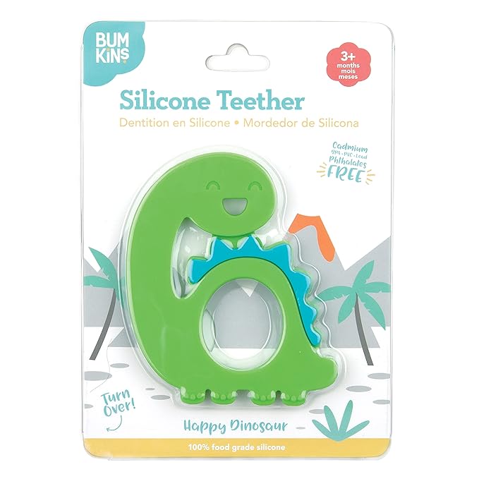 Bumkins Baby Teething Freezer Toy Keys Rings, Soft Flexible Silicone Pacifier, Safe to Chew, Cool Teether Gum Relief, Essentials for Babies 3 Months, Freezable, Sensory Textured, Dinosaur Green