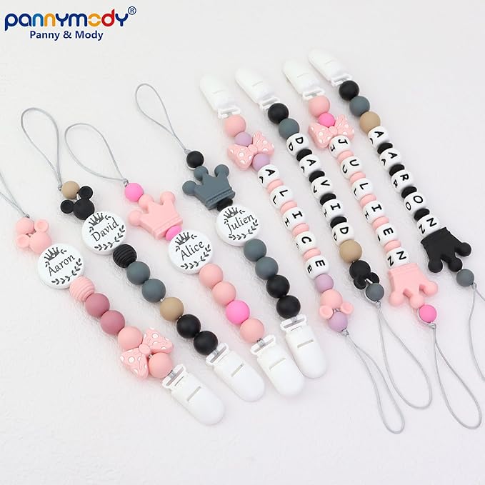 Personalized Pacifier Clip with Name, Customizable Pacifier Clip (2 Pack) (Mouse-Pink)