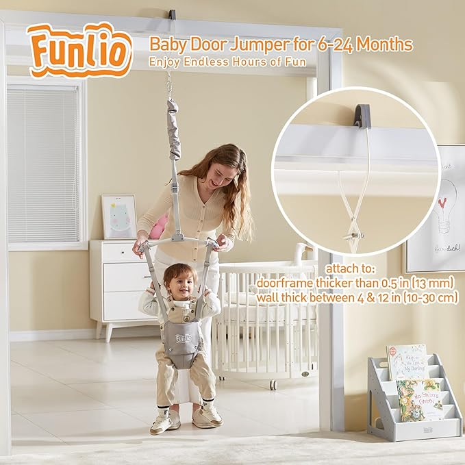 FUNLIO Baby Door Jumper for 6-24 Months (with Door Clamp), Baby Jumper Doorway with Strong Spring & Adjustable Strap, Portable Infant Baby Bouncer, Bearing 40 Lbs, CPC & CE Certified - Gray