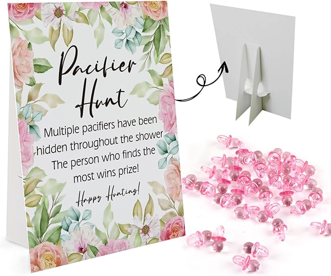Baby Pacifier Hunt Baby Shower Games, Gender Reveal Game, Flower Theme 8×10 Sign and 50 Mini Acrylic Pacifier, Favorite Adults Kids Games for Baby Shower Activities, Baby Shower Games for Girl BPH10