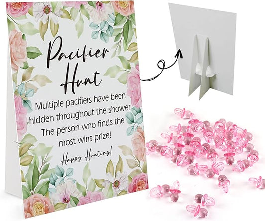 Baby Pacifier Hunt Baby Shower Games, Gender Reveal Game, Flower Theme 8×10 Sign and 50 Mini Acrylic Pacifier, Favorite Adults Kids Games for Baby Shower Activities, Baby Shower Games for Girl BPH10