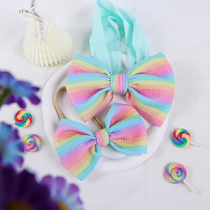 4.5'' Baby Bows Handmade Headbands 6'' Printed Tied Bow Elastic Nylon Hair Accessories for Baby Girls Newborn Infant 2 Pcs Striped Rainbow