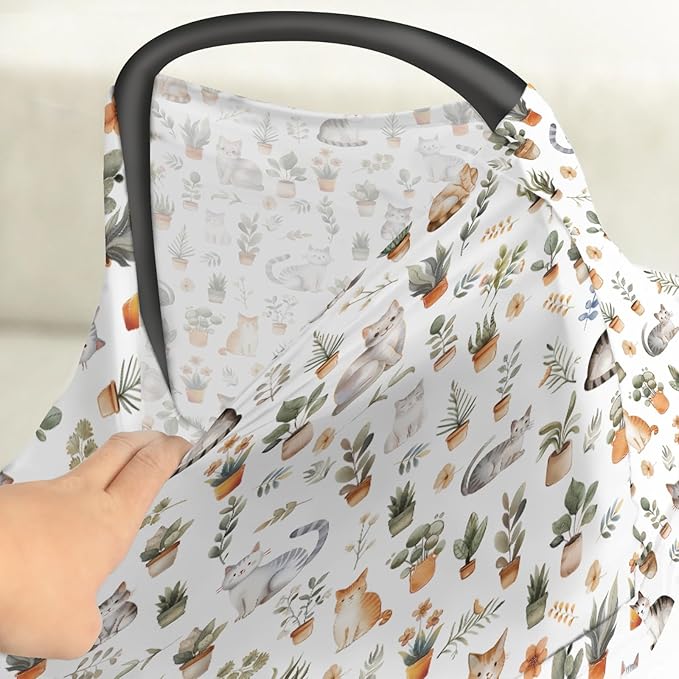 Watercolor Cats Tropical Houseplants Car Seat Cover for Babies Boho Neutral Kittens Stretchy 5-in-1 Cover Adjustable Car Canopy Breastfeeding Cover Cat Lover Gift Breathable Nursing Cover-Up