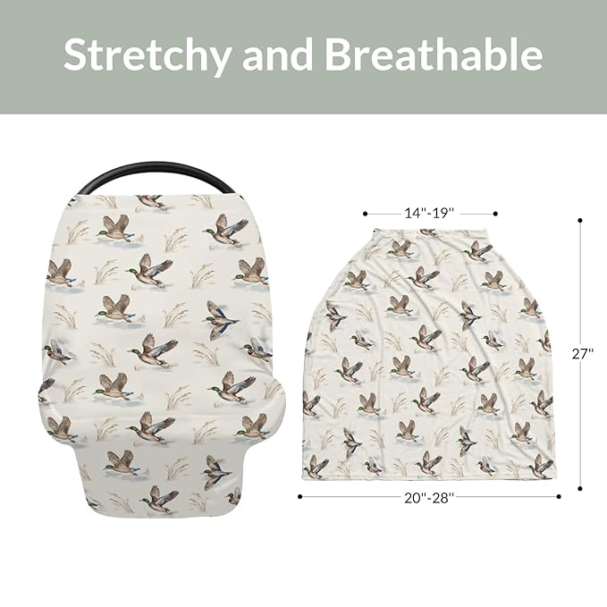 Wild Ducks Mallards Baby Car Seat Covers Vintage Duck Hunting Stretchy 5-in-1 Cover Adjustable Car Canopy Breastfeeding Cover Retro Duck Leaves Pond Breathable Nursing Cover-Up